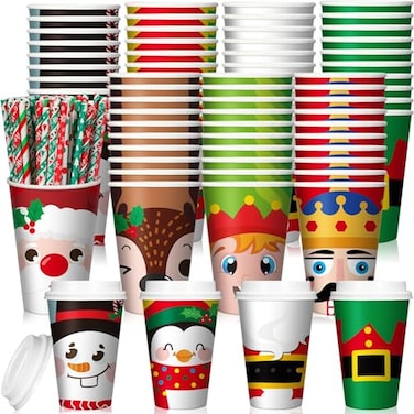 Uiifan 80 Pack Christmas Coffee Disposable 16 OZ Paper Cups with Lids and Straws Christmas Hot Chocolate Cups for Xmas Party Hot and Cold Drinks Tea Water Serving