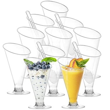 Foraineam 100 Pack Clear Dessert Cups with Spoons 4 oz Disposable Plastic Champagne Flutes Cocktail Glasses Reusable Parfait Appetizer Cup Mousse Cups for Home Gatherings Events Parties Weddings