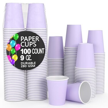 Party Solids Lavender Paper Cups 9 oz Durable Disposable Cups 100 Paper Tumblers for Hot Drinks and Cold Drinks Thick 280 GSM Hot Cup for Tea Coffee Cup To Go Fun Colors for Parties Events