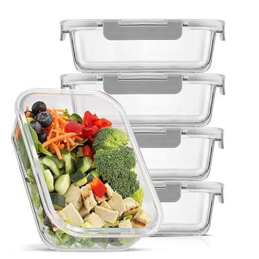 JoyJolt Glass Food Storage Containers with Lids 5 Pack Glass Meal Prep Containers Reusable 35oz Single Compartment Airtight Container Set Lunch Containers for Adults and Kitchen Storage Containers