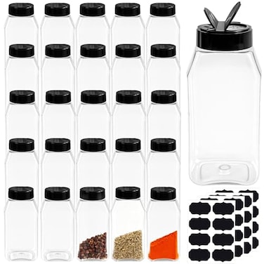 Ysglory 28 Pack 16 Oz Plastic Spice Jars Bottles Containers with Black Cap Empty Seasoning Bottles Large Clear Spice Shaker and Stickers for Storing Spice Salt Herbs