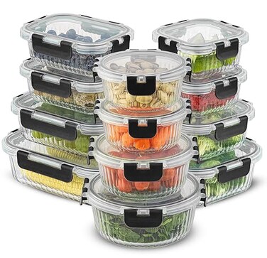 JoyJolt 24pc Borosilicate Glass Storage Containers with Lids 12 AirtightFreezer Safe Food Storage Containers for Pantry and Kitchen Meal Prep Container for Lunch Glass Tupperware Set