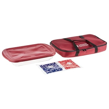 Anchor Hocking Glass Baking Dishes for Oven with Casserole Carrier 4 Piece Set 3 Quart Glass Baking Dish Red Lid Red Thermal Carrier and HotCold Pack