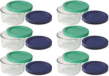 Pyrex 6 7202 1Cup Clear Round Dishes wGreen and Blue Lids Made in USA