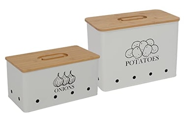 Xbopetda Potato Onion Storage Box Food Container Sets Storage Canisters for Vegeatables Set of 2 Jars Pots Containers Potato Onion Bin with Aerating Tin Storage Holes Bamboo LidWhite