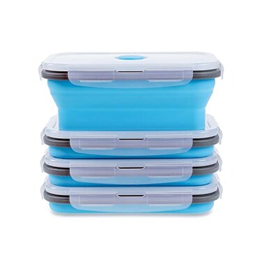 Annaklin Collapsible Food Storage Containers with Airtight Lid Vent Valve 27 oz Kitchen Stacking Silicone Collapsible Meal Prep Container Set for Leftover Microwave Freezer Safe Blue Set of 4