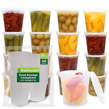 Freshware Food Storage Containers 24 oz Plastic Deli Containers with Lids Slime Soup Meal Prep Containers BPA Free Stackable Leakproof MicrowaveDishwasherFreezer Safe 48 count pack of 1