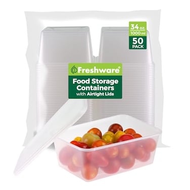 Freshware Food Storage Containers 50 Set 34 oz Plastic Deli Containers with Lids Slime Soup Meal Prep Containers BPA Free Stackable Leakproof Microwave Dishwasher and Freezer Safe