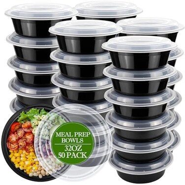 RANLITTLE Meal Prep Containers Reusable 32oz Meal Prep Bowls with Lids 50 Pack Round Food Prep Bowls for Takeout Disposable To Go Food Containers Stackable Leakproof BPAFree MicrowaveFreezer Safe