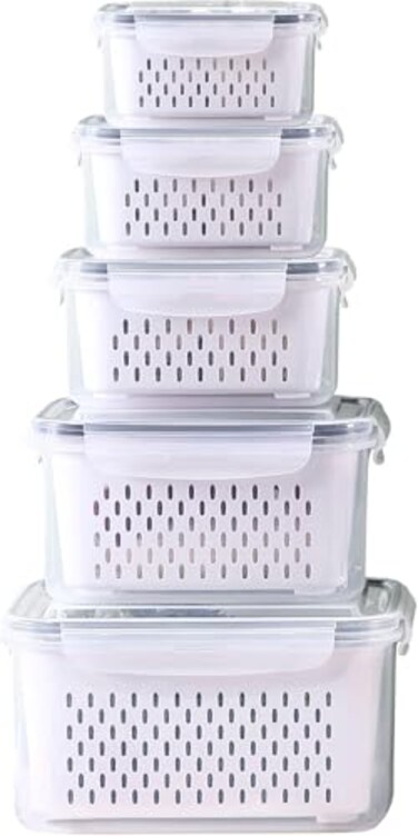 Ronanemon Large Fridge Food Storage Container Set with Lids with Strainer Fruit Vegetable Storage Containers Keep Fruits Vegetables Berry Meat Fresh longer BPAFree Plastic Produce Keepers