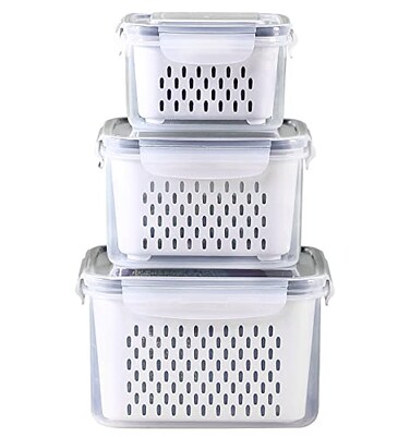 Ronanemon 3Pack Fridge Food Storage Container Set with Lids with Strainer Fruit Vegetable Storage Containers Keep Fruits Vegetables Berry Meat Fresh longer BPAFree Plastic Produce Keepers