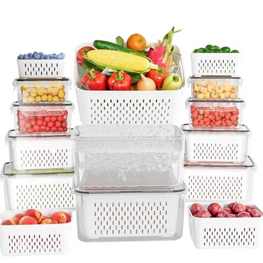 KEMETHY 10 Pack Fruit Storage Containers for Fridge with Removable Colanders Food Storage Containers with Lids BPAFree Produce Containers Keep Fruits Vegetables Berry Meat Fresh Longer