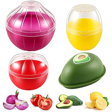 Babudeer Vegetable and Fruit Storage Containers for Fridge 4 Pcs BPA Free Reusable Food Saver Tomato Avocado Onion Lemon Keeper Holder Refrigerator Vegetable Crisper for Keeping Food Fresh Longer