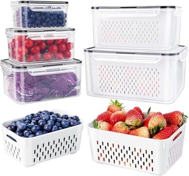 Freshmage 5 PCS Large Fruit Containers for Fridge Leakproof Food Storage Containers with Removable Colander Dishwasher microwave safe Produce Containers Keep Fruits Vegetables Berry Meat Fresh longer