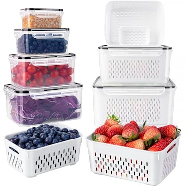 Freshmage Fruit Storage Containers for Fridge with Removable Colander Airtight Food Storage Container Dishwasher Safe Produce Saver for Refrigerator Keep Berry Fruit Fresh Longer 6 pcs Large Clear