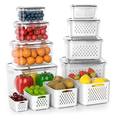 Anysig Fruit Storage Containers for Fridge with Removable Colander 8 Pack Fruit Containers for Fridge with 2 Function Divider Plate Airtight Storage Container to Keep Berry Fruit Fresh Dishwasher Safe