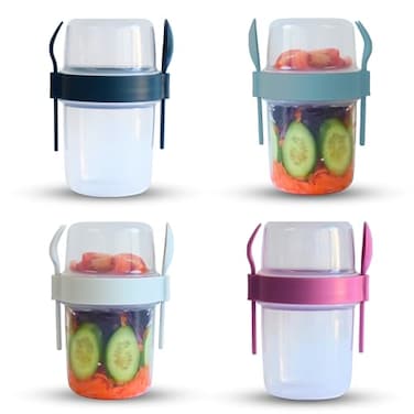 salda 4 Pack 22 oz Breakfast On the Go Cups Take and Go Yogurt Cup with Topping Cereal Cup with spoon and fork Overnight Oats or Oatmeal Container Jar Colorful Set of 4