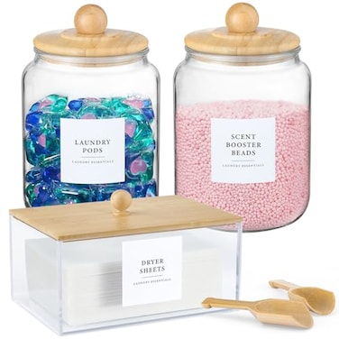 LANDNEOO Glass Jars and Dryer Sheet Holder with Bamboo Lids Dispenser Set and Labels Containers for Laundry Room Organization and Storage Half Gallon Airtight jars Acrylic Storage Box for Laundry supp