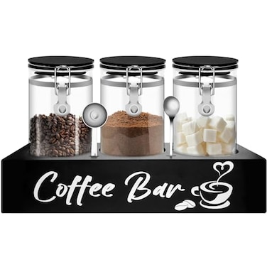 MACIFECI Glass Coffee Containers with Shelf Coffee Station Organizer 54oz Black Glass Coffees Bean Storage Canister with Spoon Coffee Canister Set Kitchen Food Storage Jars for CoffeeSugarCandy