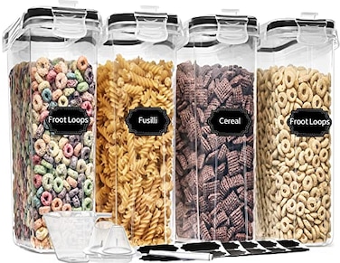 PRAKI Cereal Containers Storage Set 4L1352 Oz 4PCS Airtight Food Storage Containers with Pour Spout for Kitchen Pantry Organization Cereal Dispensers with 20 labels Measuring Cup Marker