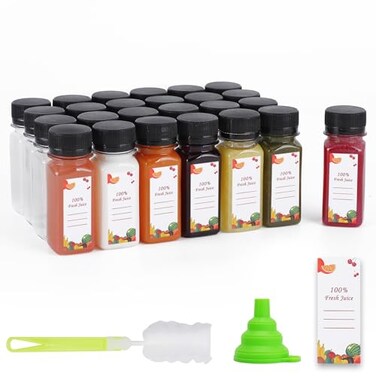 OBKJJ Plastic Juice Bottles 150 pcs 2 oz Empty Plastic Water Bottles with Caps Reusable Clear Beverage Containers for Drinking Juicing Smoothie Water with 2 Brushes 2 Funnels 160 Stickers