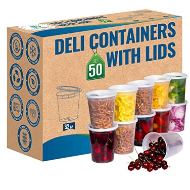 SafeWare Deli Plastic Food Containers with Airtight Lids 50 Sets Leakproof Slime Small Combo Pack Reusable Storage Disposable Meal Prep Soup Microwaveable Freezer Safe 32oz