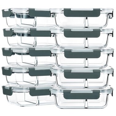 M MCIRCO 10Pack30 Oz Glass Meal Prep Containers 2 Compartments Airtight Lunch Bento Boxes with Lids Glass Food Storage Containers Microwave Oven Freezer Dishwasher