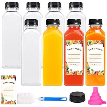 Moretoes 8pcs 16oz Juice Bottles Plastic Bottles with Caps Reusable Juicing Bottle for Drinks Smoothies and Other Beverages