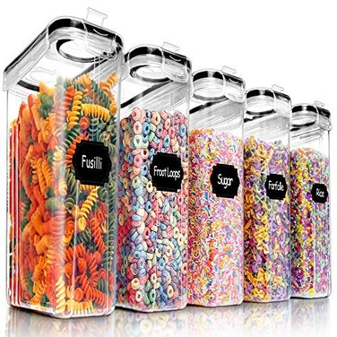 PRAKI 5PCS Cereal Containers Storage Set BPA Free Airtight Food Storage Container Set with Lids Kitchen Pantry Organization and Storage for Sugar Baking Supplies with 20 Labels Mark4L Black