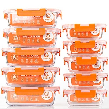 C CREST 10Pack Glass Food Storage Containers Food Prep Containers with Lids Microwave Oven Freezer and Dishwasher Safe