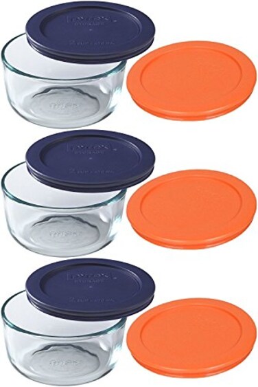 Pyrex 3 7200 2Cup Glass Bowls with 3 7200PC Dark Blue 3 Orange Food Storage Replacement Lids Made in USA