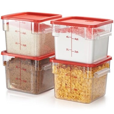 CURTA 4 Pack Food Storage Container with Red Lid NSF Commercial Grade in 60 Qt Square Clear Polycarbonate