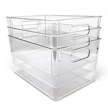 Isaac Jacobs 3Pack Large Clear Storage Bins with Handles Plastic Organizer for Home Room Office Fridge KitchenPantry NonSlip Container Set Food Safe BPA Free 3Pack Large