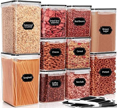PRAKI Large Airtight Food Storage Containers with Lids 10PCS Plastic Cereal Storage Containers Kitchen Pantry Organizers and Storage for Sugar Flour Baking Supplies with Lables Mark