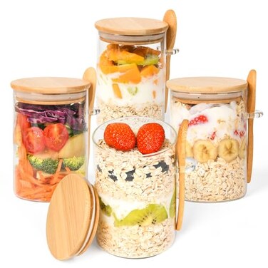 Xileanalee Overnight Oats Containers with Lids4 Pack 18oz Overnight Oats Jars with SpoonsSalad Meal Prep Jar with Bamboo Lids for Chia Seed Pudding Salad Cereal Coffee FlourSourdough Starter Jar for B