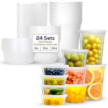 Supreme Select Supreme Deli Plastic Storage Containers with Lids 8oz 16oz 32oz 8 sets of each 24 combo pack Reusable Food Containers Microwavable Freezer friendly Dishwasher safe Secure fitting Covers