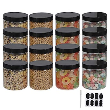 zmybcpack 12 Pack 16 oz Plastic Jars with Lids Extra Labels 1 Pen Clear PET Seal Jar for Food StorageWide Opening Storage jar For Dry Food Peanut Powder Kitchen Craft Storage