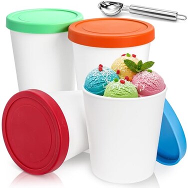 Peohud 4 Pack Ice Cream Containers 1 Quart Freezer Storage Tubs with Silicone Lids and Spoon for Ice Cream Sorbet and Gelato Freezer Dishwasher Safe