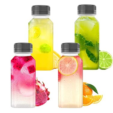 AQSXO 10 OZ Plastic Juice Bottles Reusable Bulk Beverage Containers for Juice Milk and Other Beverages 4 Pcs