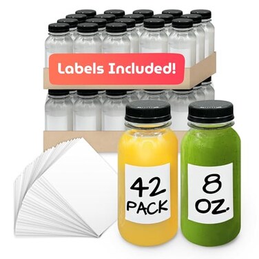 Reli. Reli Plastic Juice Bottles 42 Pack Bulk 8 oz Round Plastic Juice Bottles with Caps Sticker Labels Clear Empty for Juicing 8oz Disposable Reusable Containers for Juicing Smoothies