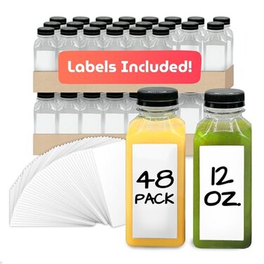 Reli. Reli Plastic Juice Bottles 48 Pack 12 oz Square Plastic Juice Bottles with Caps Sticker Labels Clear Empty for Juicing 12oz Disposable Smoothies