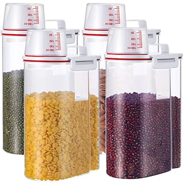 Lauwell Rice Storage Bin 4 Pcs Cereal Containers Dispenser with Measuring Cup Plastic Storage Containers with Lids Kitchen Storage Bin Rice Holder Container Food Container Sets for Flour Cereal 25 L R