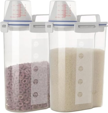 jioko 2 Pcs 55 LB Rice Storage Container Airtight Cereal Flour Dispenser with Pouring Spout Measuring Cup Kitchen Plastic Clear Dry Food Storage Bin for Grain Oatmeal Snacks Pet Dog Food