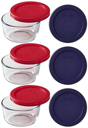 Pyrex 3 7202 1 Cup Clear Glass Storage Bowls with 7202PC 3 Red 3 Blue Plastic Lids Made in USA