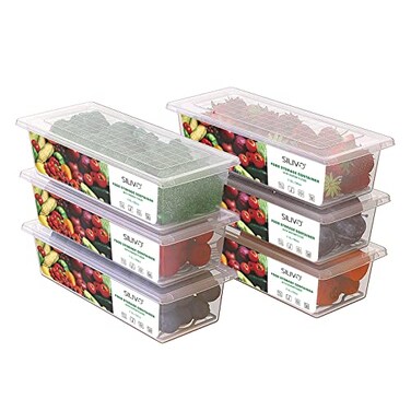 SILIVO Produce Saver Containers for Refrigerator 6 Pack 15L Fruit Storage Containers for Fridge Vegetable Storage Containers with Drain Tray Keep Fresh for Veggie Fruit Lettuce and Salad