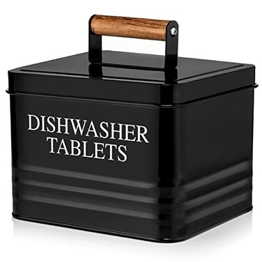 Calindiana Modern Farmhouse Metal Dishwasher Pods Container Holder with Lid for Kitchen Organization and Storage Kitchen Essentials Decor Accessories Black