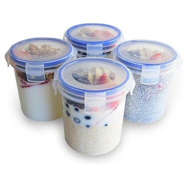 BubbleWally Overnight Oats Container with Lids 4Piece set 16 oz Plastic Containers with Lids Oatmeal Container to go Portable Cereal and Milk Container on the go Airtight Snap Lock Storage Jars