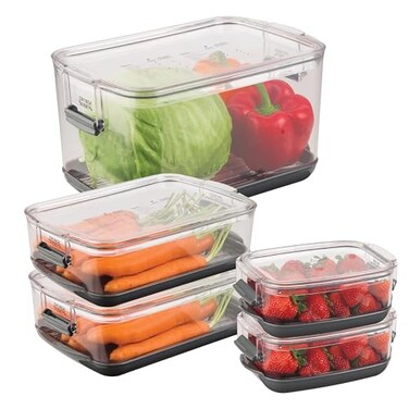 Progressive International Prepworks ProKeeper Food Fresh Produce Storage Container Set 5 Piece Clear Containers with Gray Sealed Tight Lids