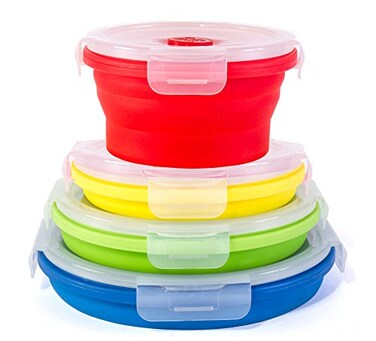 Kitchen Home Thin Bins Collapsible Containers Set of 4 Round Silicone Food Storage Containers BPA Free Microwave Dishwasher and Freezer Safe No more cluttered container cabinet SC149A