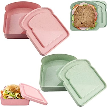 NADUSEP Sandwich Containers 2 Pcs Sandwich Box Food Storage Toast Shape Holder Plastic for Lunch Sandwich Keeper for Adults Prep Microwave Pink Green